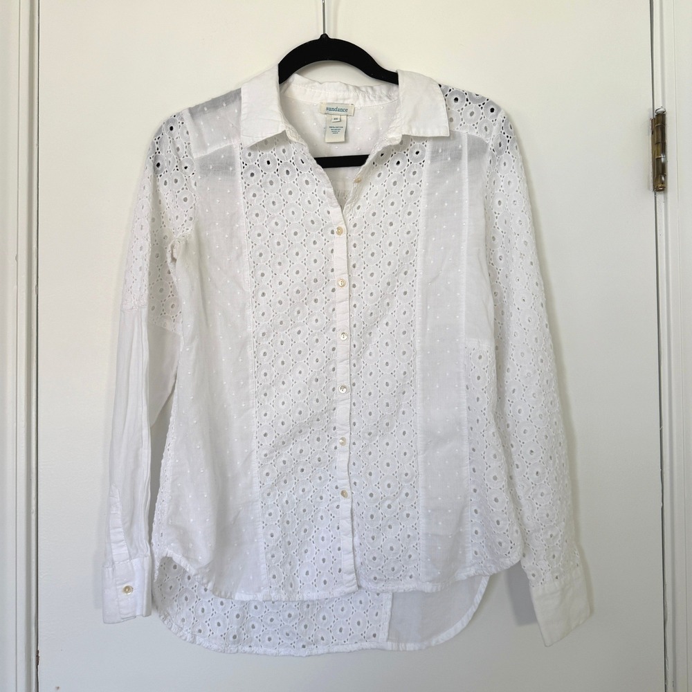 Sundance Womens‎ White Cotton Eyelet Lace Swiss Dot Patchwork Button Shirt XS - Picture 2 of 8